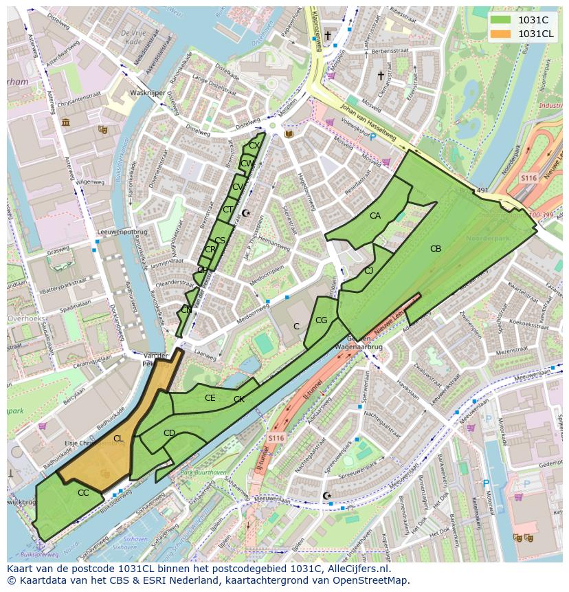 Afbeelding van het postcodegebied 1031 CL op de kaart.