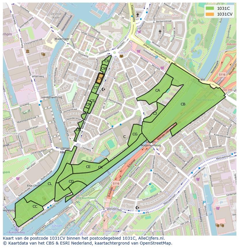 Afbeelding van het postcodegebied 1031 CV op de kaart.