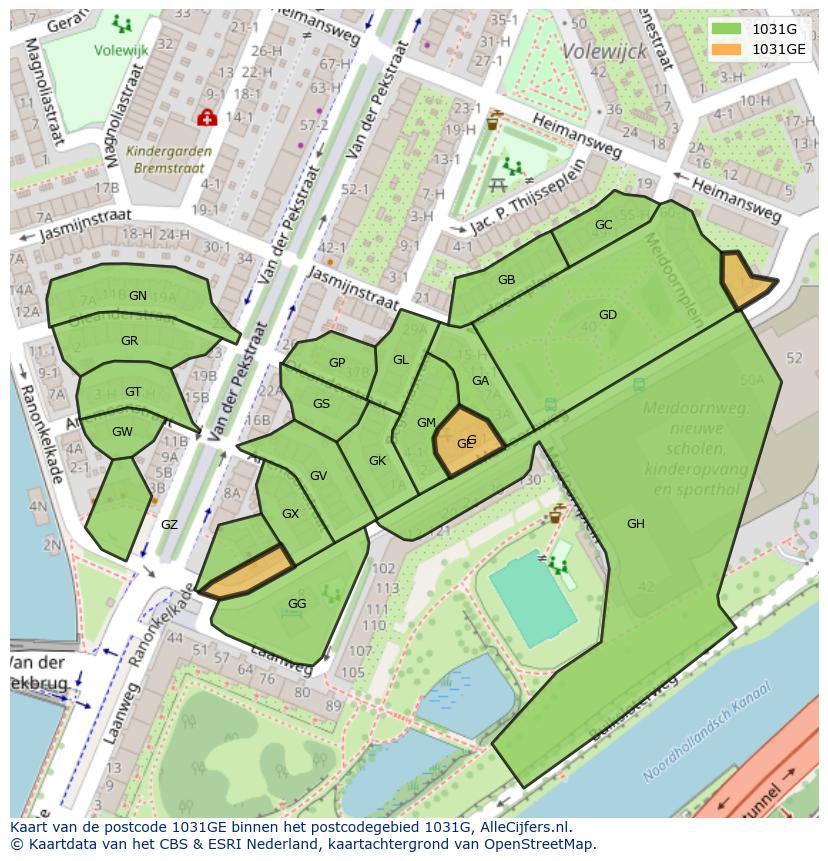Afbeelding van het postcodegebied 1031 GE op de kaart.