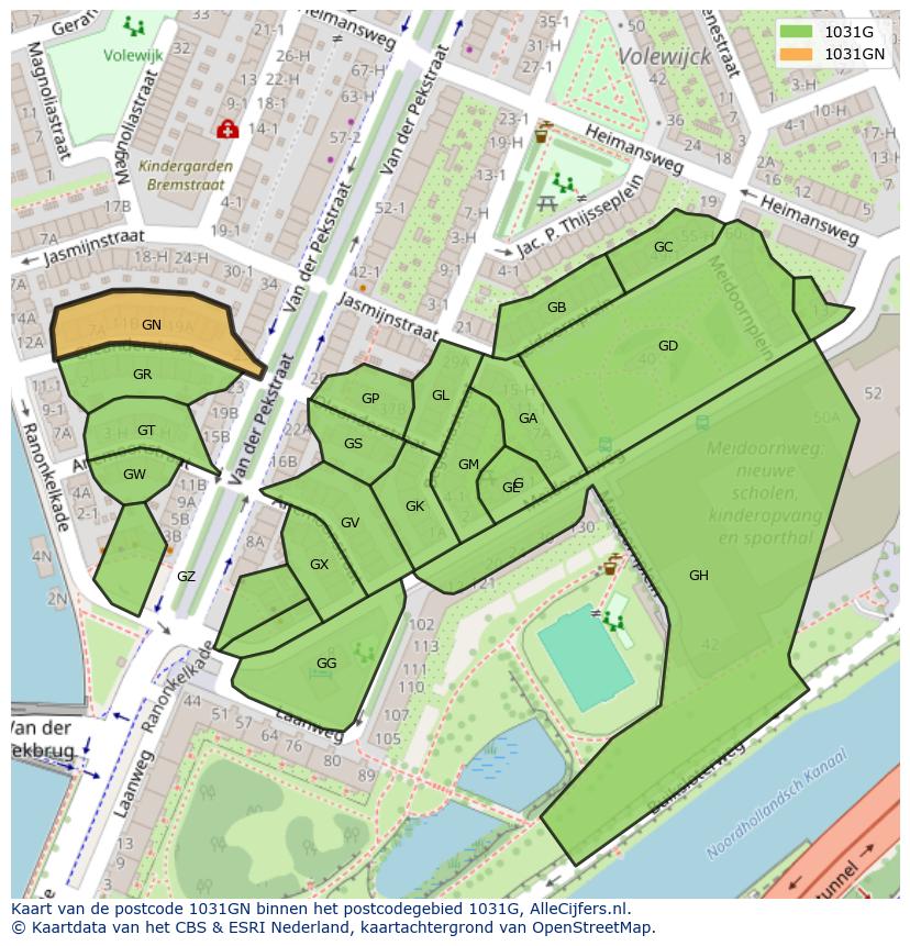 Afbeelding van het postcodegebied 1031 GN op de kaart.