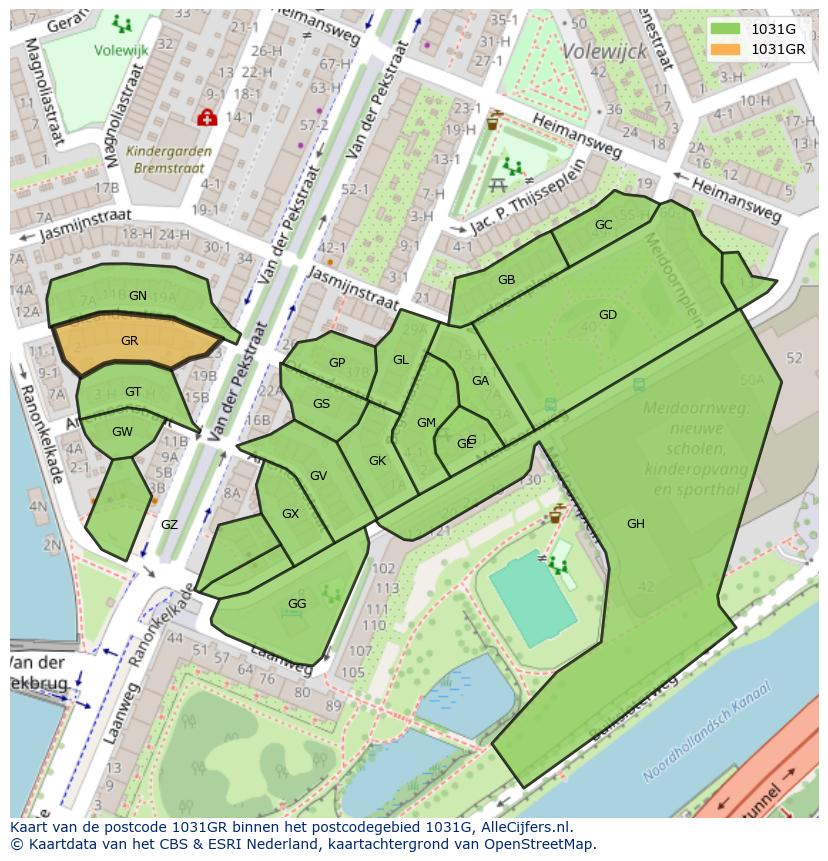 Afbeelding van het postcodegebied 1031 GR op de kaart.