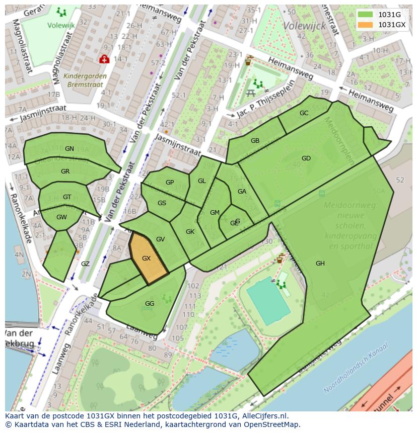 Afbeelding van het postcodegebied 1031 GX op de kaart.