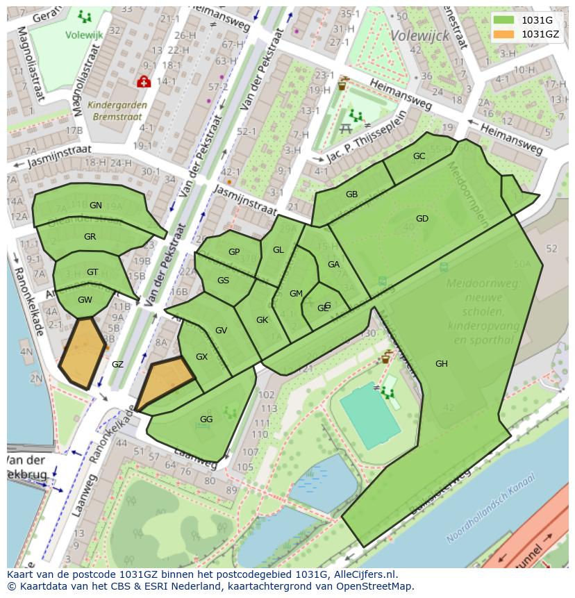 Afbeelding van het postcodegebied 1031 GZ op de kaart.