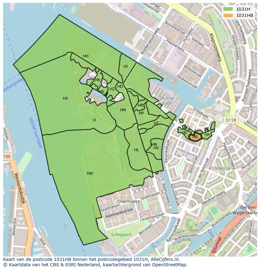 Afbeelding van het postcodegebied 1031 HB op de kaart.