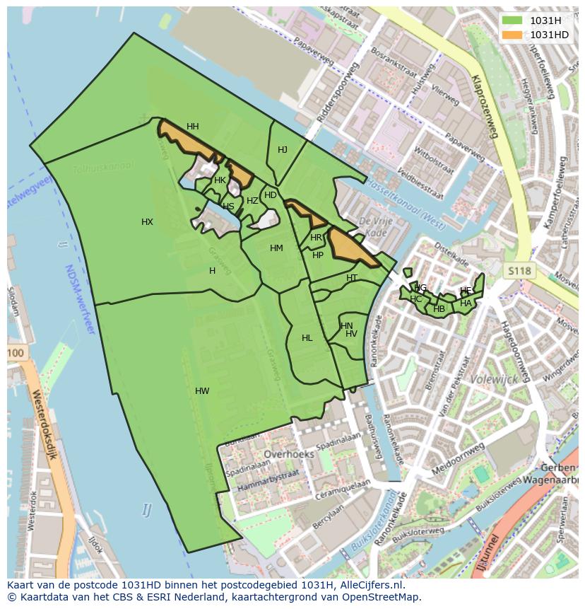 Afbeelding van het postcodegebied 1031 HD op de kaart.