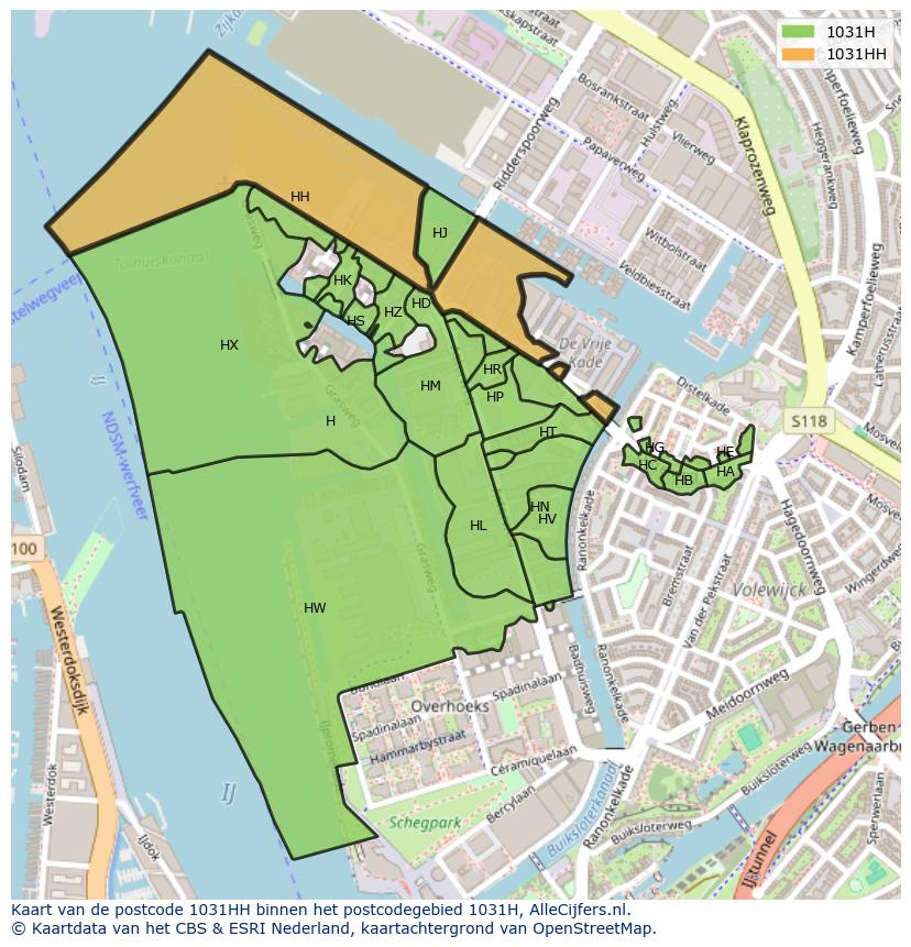 Afbeelding van het postcodegebied 1031 HH op de kaart.