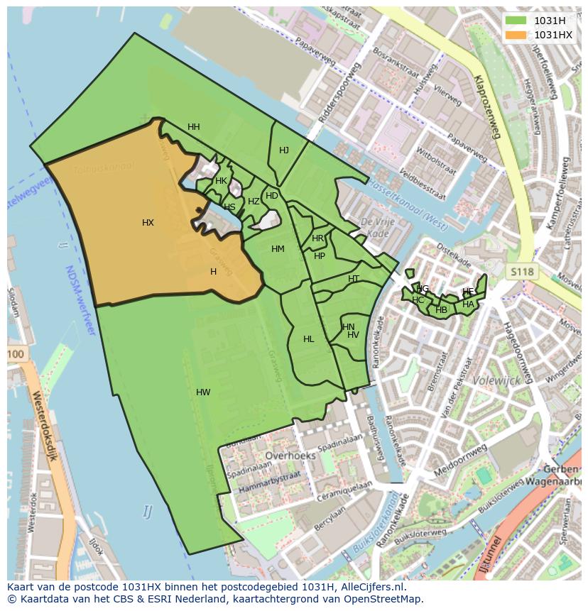 Afbeelding van het postcodegebied 1031 HX op de kaart.