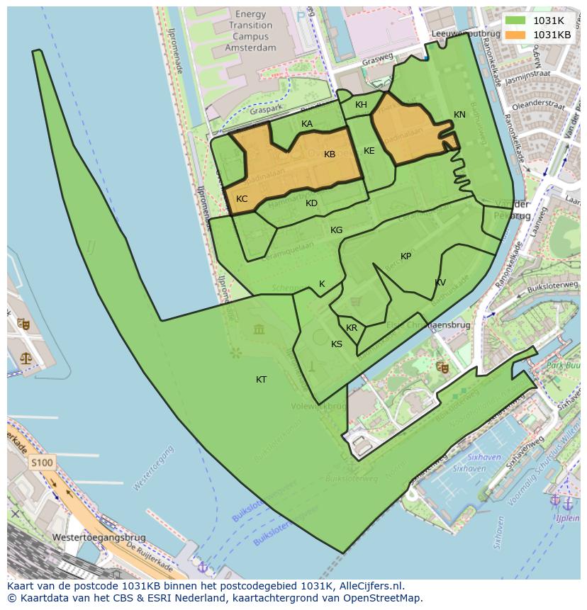 Afbeelding van het postcodegebied 1031 KB op de kaart.