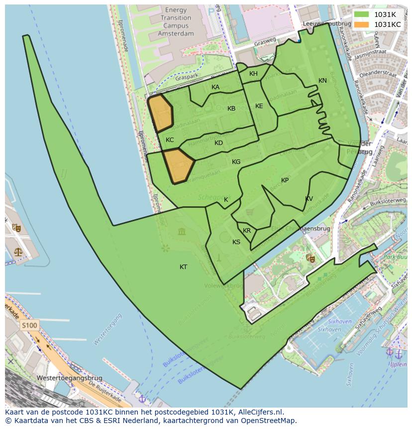 Afbeelding van het postcodegebied 1031 KC op de kaart.
