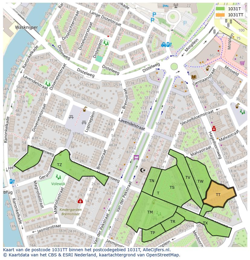 Afbeelding van het postcodegebied 1031 TT op de kaart.