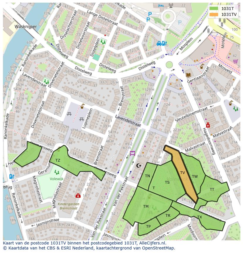 Afbeelding van het postcodegebied 1031 TV op de kaart.
