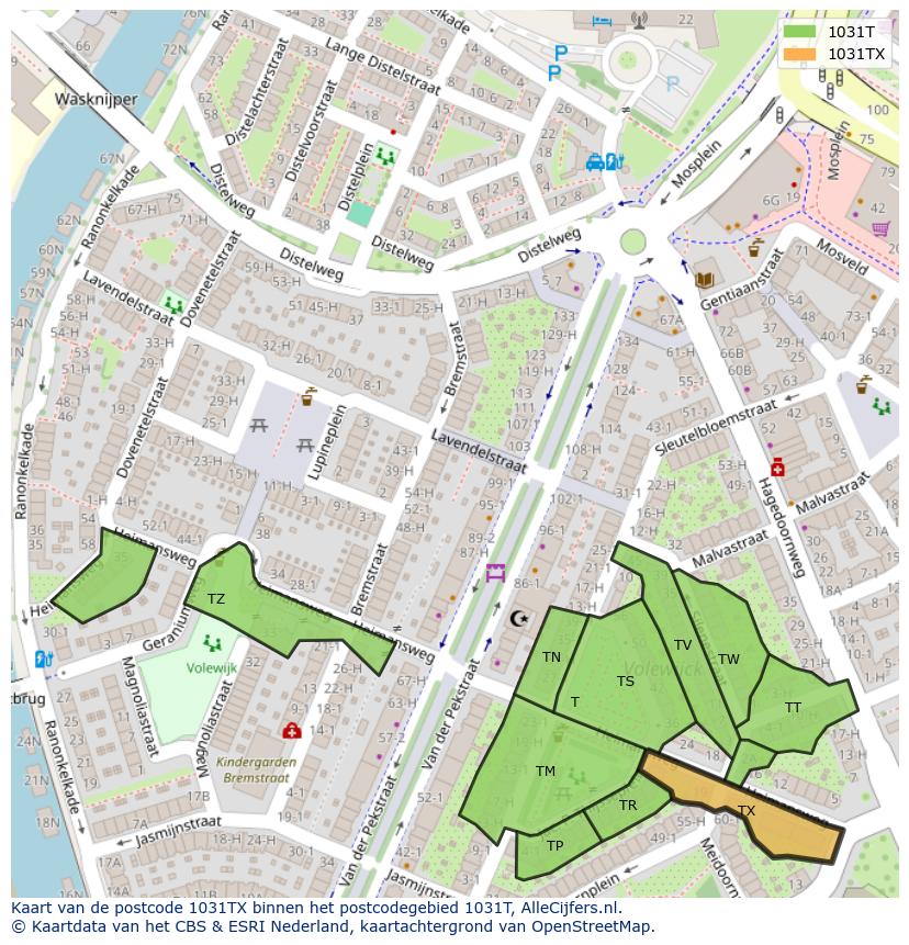 Afbeelding van het postcodegebied 1031 TX op de kaart.