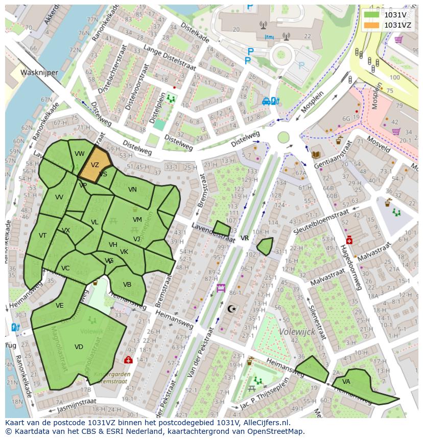 Afbeelding van het postcodegebied 1031 VZ op de kaart.