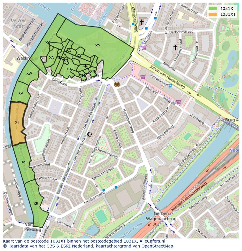 Afbeelding van het postcodegebied 1031 XT op de kaart.