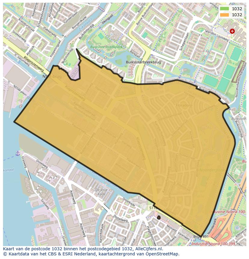 Afbeelding van het postcodegebied 1032 op de kaart.