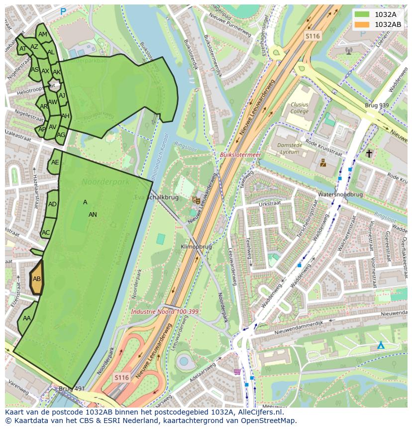 Afbeelding van het postcodegebied 1032 AB op de kaart.