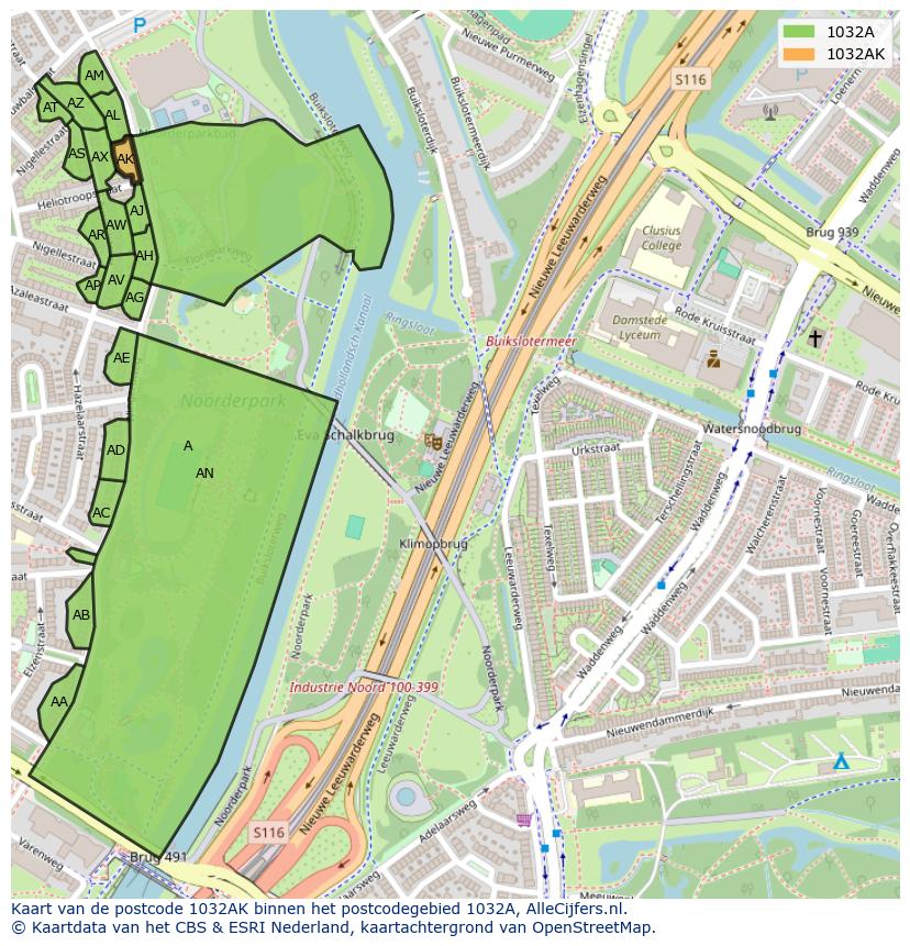 Afbeelding van het postcodegebied 1032 AK op de kaart.