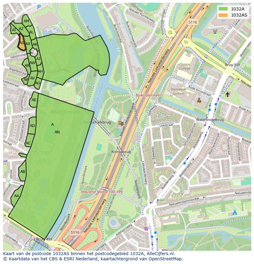 Afbeelding van het postcodegebied 1032 AS op de kaart.