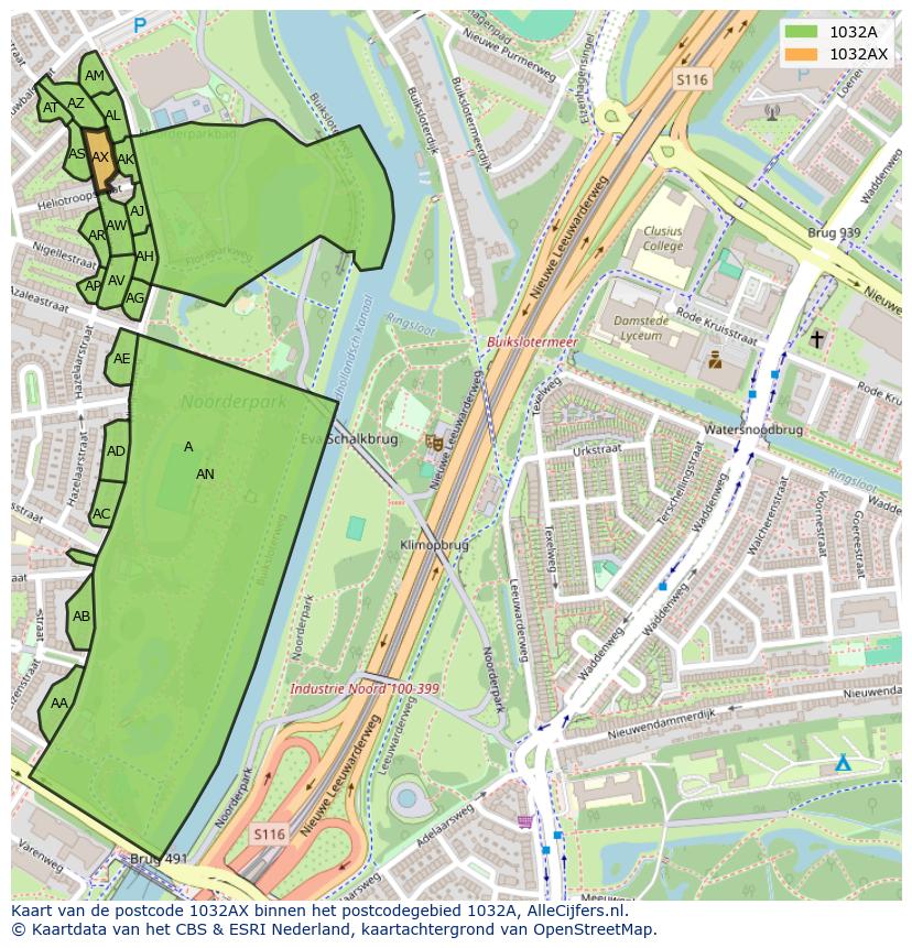 Afbeelding van het postcodegebied 1032 AX op de kaart.