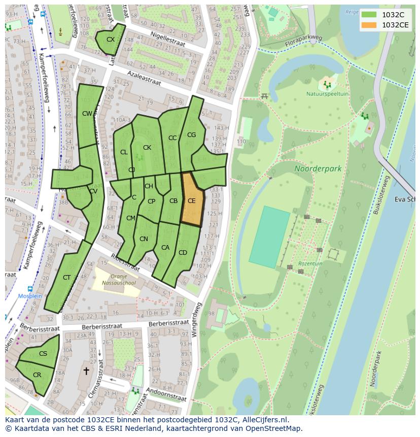 Afbeelding van het postcodegebied 1032 CE op de kaart.