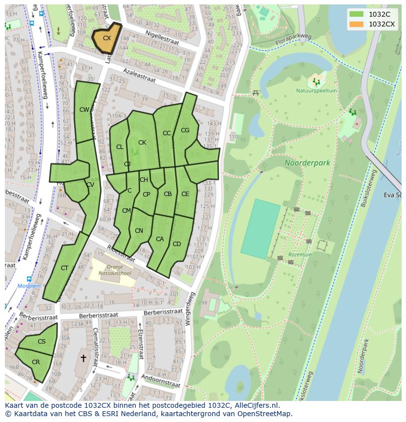 Afbeelding van het postcodegebied 1032 CX op de kaart.
