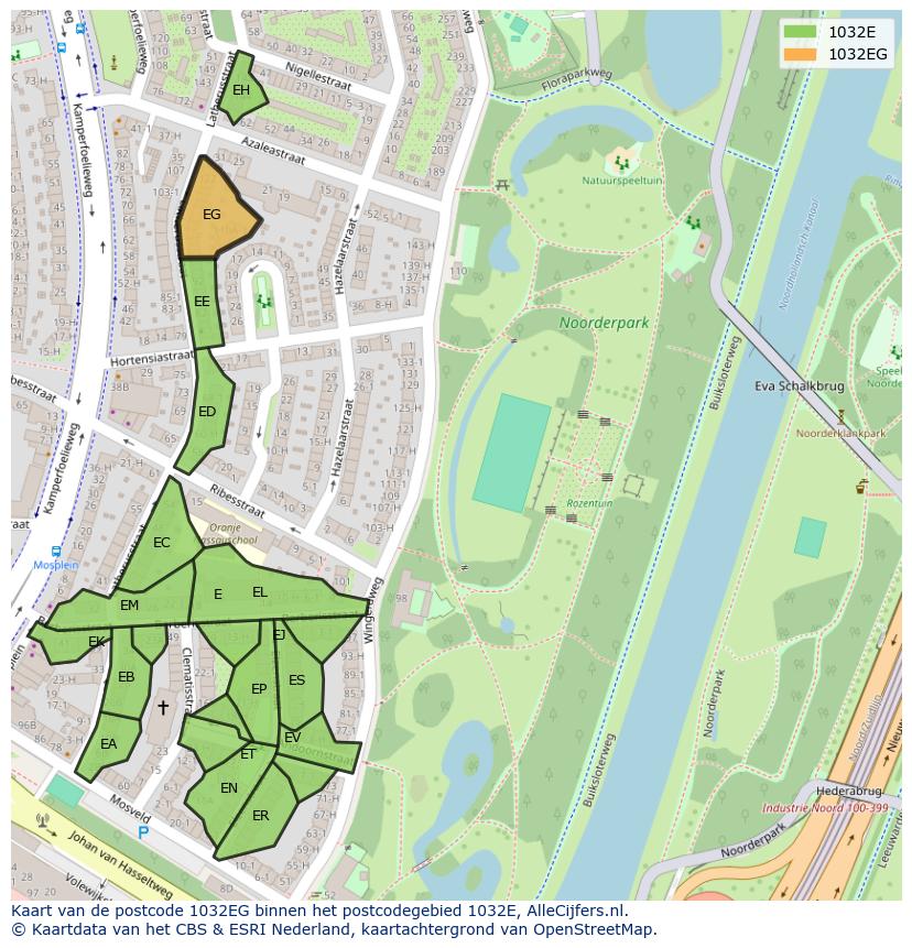 Afbeelding van het postcodegebied 1032 EG op de kaart.