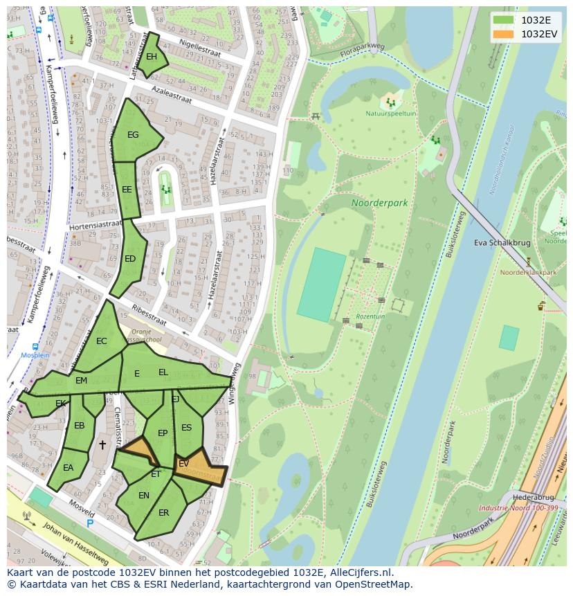 Afbeelding van het postcodegebied 1032 EV op de kaart.