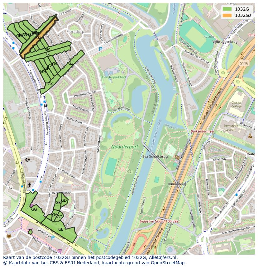 Afbeelding van het postcodegebied 1032 GJ op de kaart.