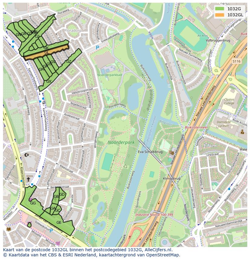 Afbeelding van het postcodegebied 1032 GL op de kaart.
