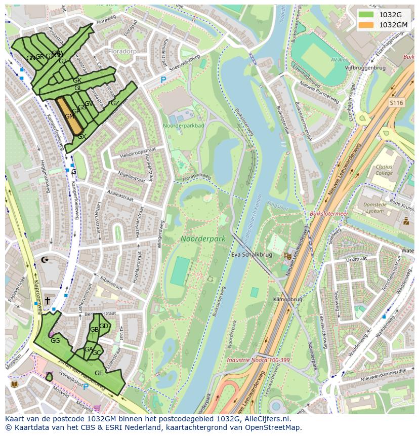 Afbeelding van het postcodegebied 1032 GM op de kaart.