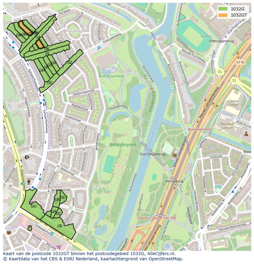 Afbeelding van het postcodegebied 1032 GT op de kaart.