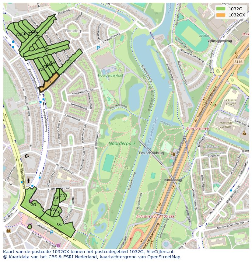 Afbeelding van het postcodegebied 1032 GX op de kaart.
