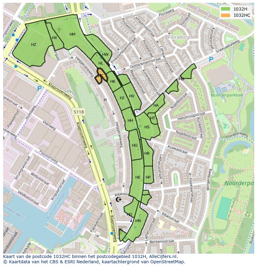 Afbeelding van het postcodegebied 1032 HC op de kaart.