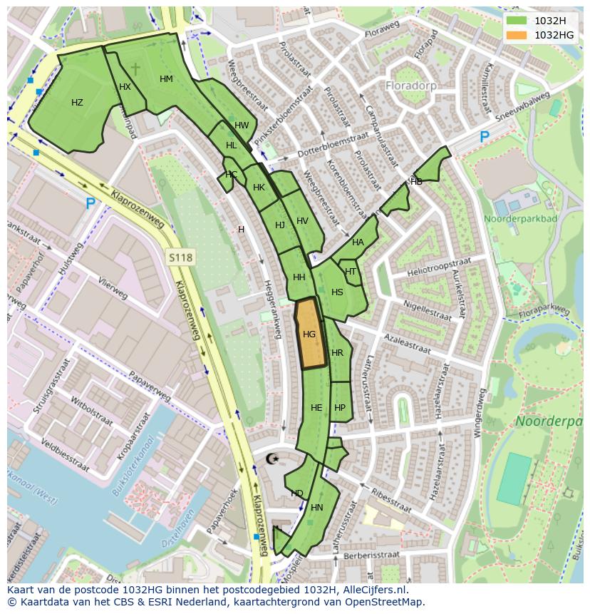 Afbeelding van het postcodegebied 1032 HG op de kaart.