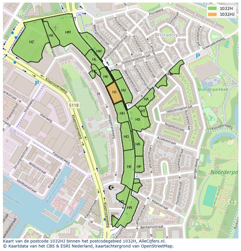 Afbeelding van het postcodegebied 1032 HJ op de kaart.
