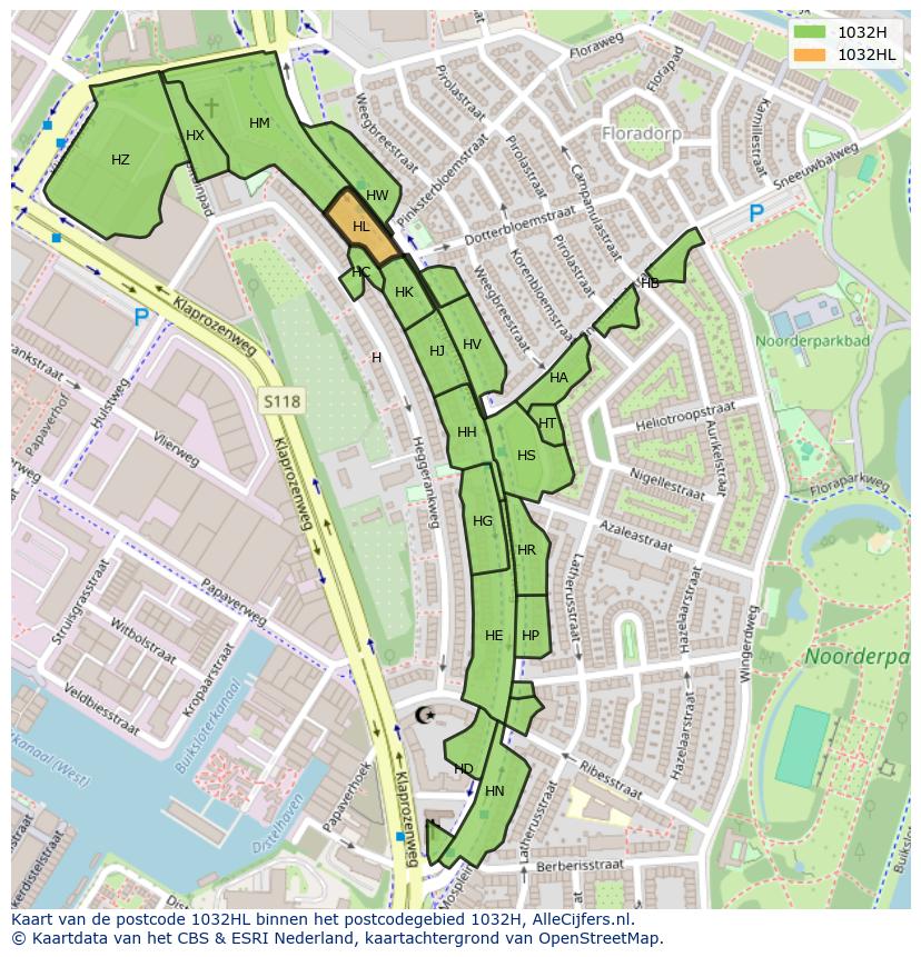 Afbeelding van het postcodegebied 1032 HL op de kaart.