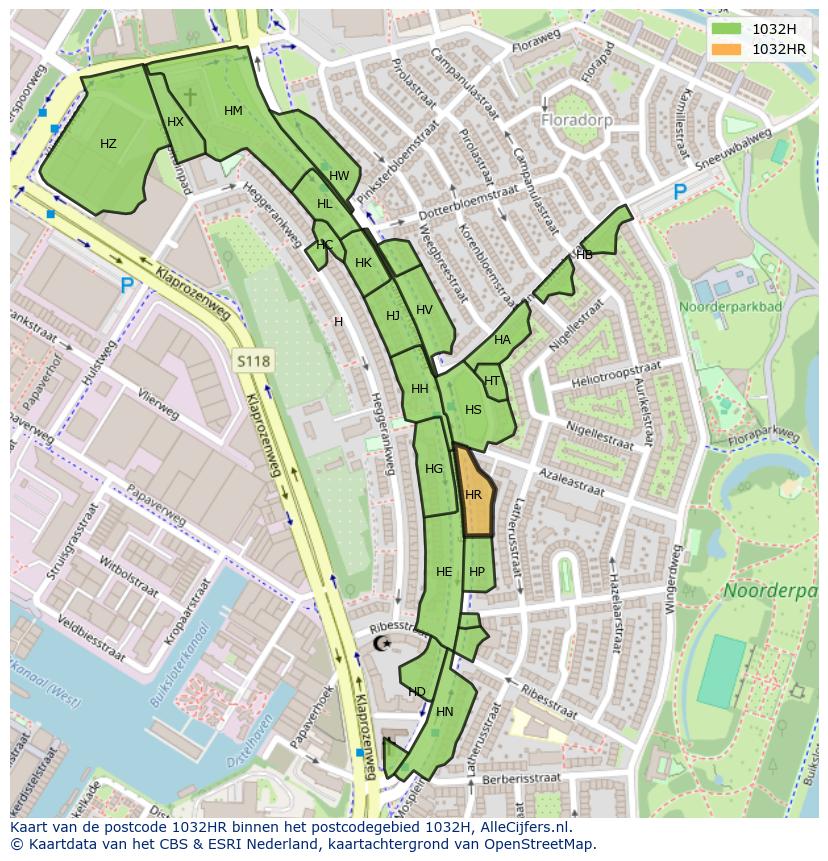 Afbeelding van het postcodegebied 1032 HR op de kaart.