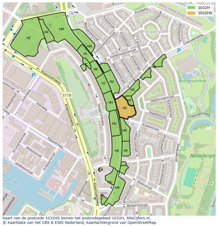 Afbeelding van het postcodegebied 1032 HS op de kaart.