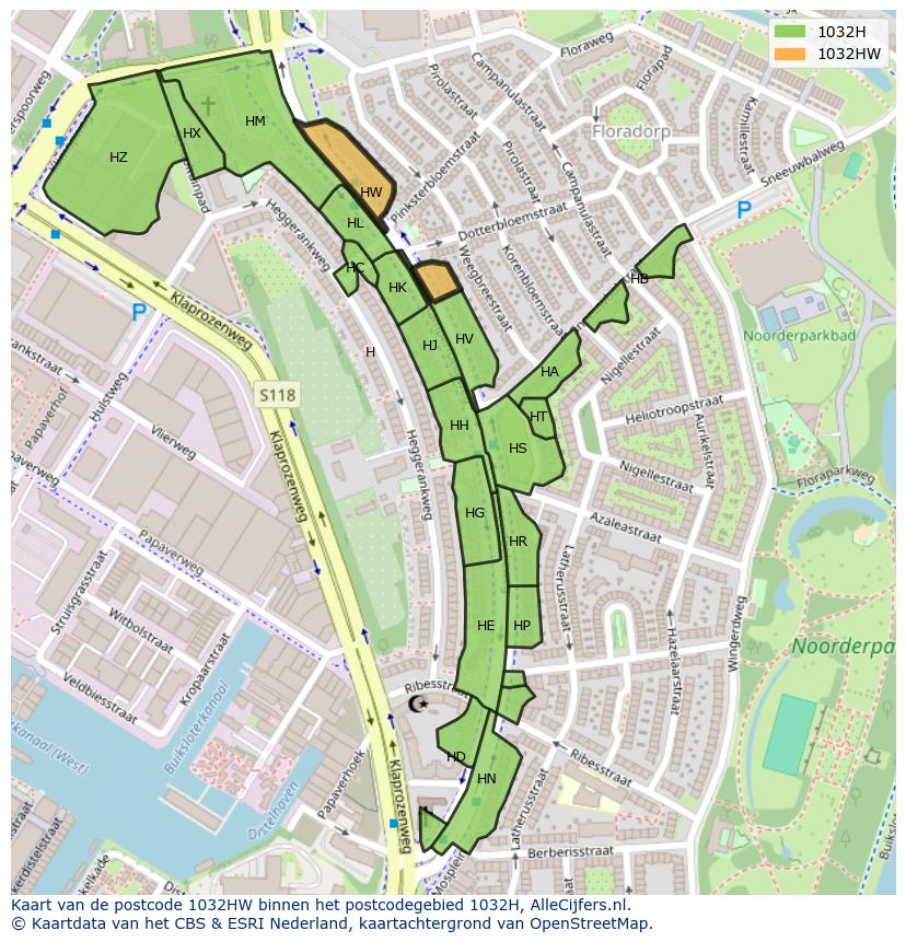 Afbeelding van het postcodegebied 1032 HW op de kaart.