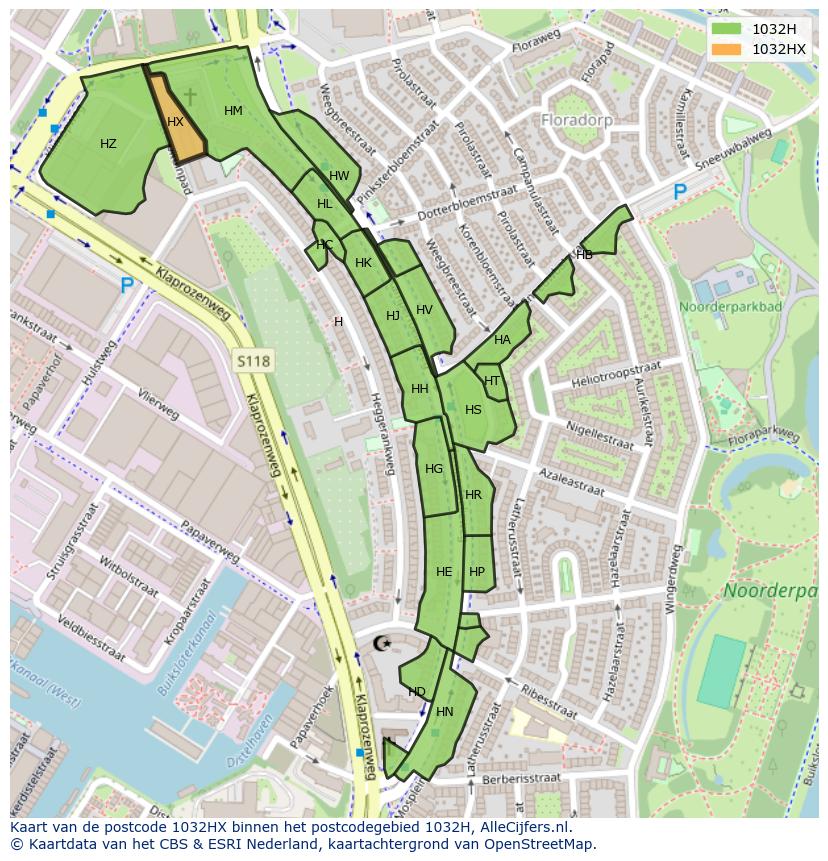 Afbeelding van het postcodegebied 1032 HX op de kaart.