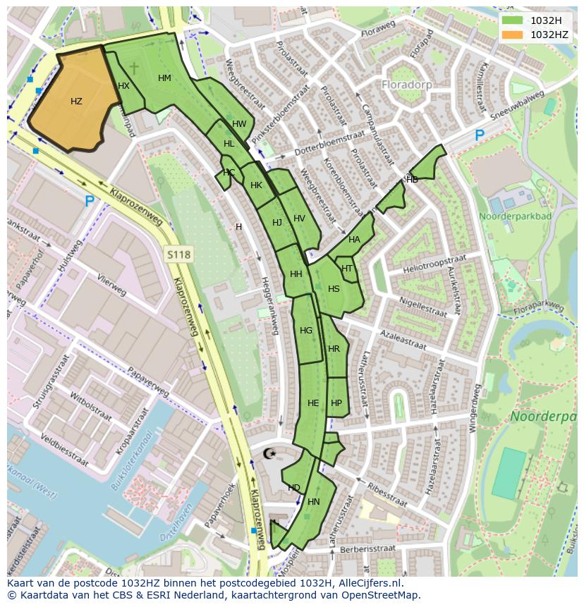 Afbeelding van het postcodegebied 1032 HZ op de kaart.