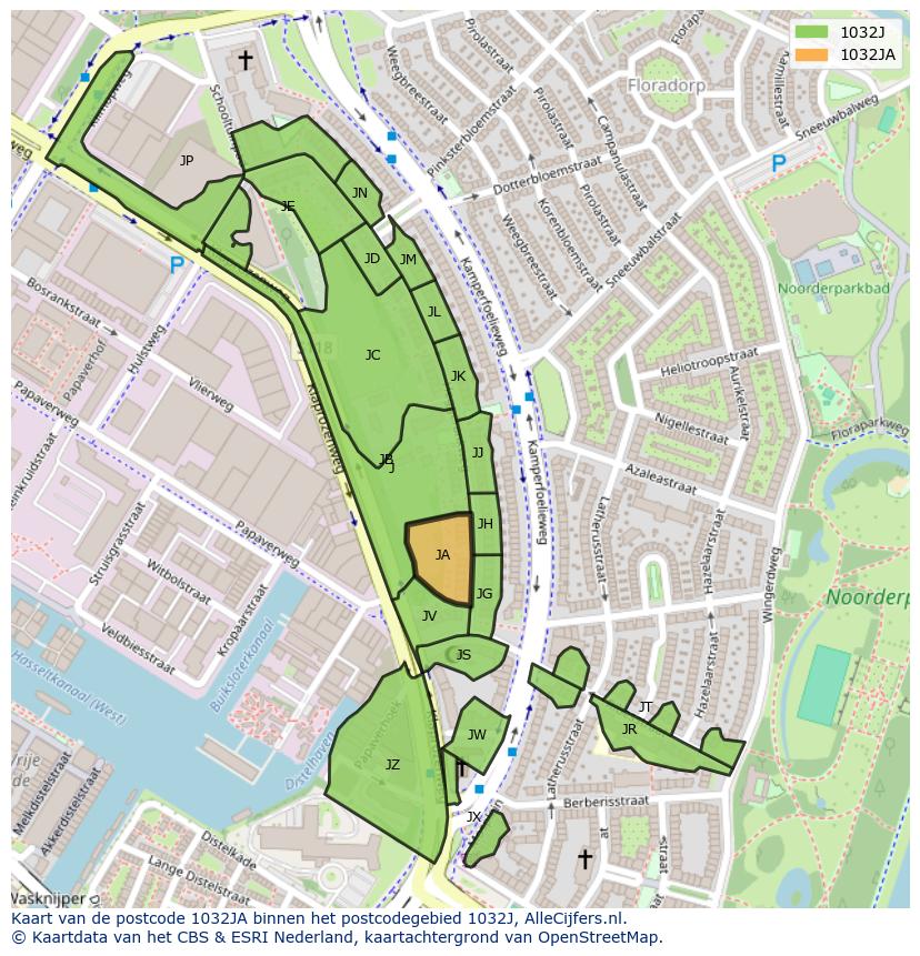 Afbeelding van het postcodegebied 1032 JA op de kaart.