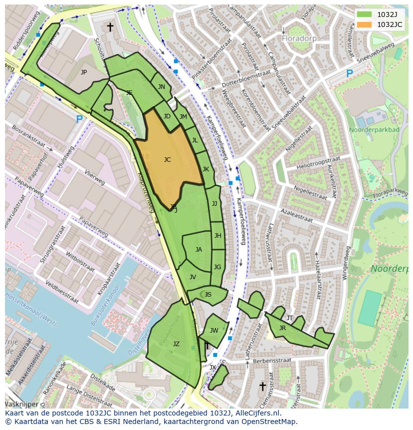 Afbeelding van het postcodegebied 1032 JC op de kaart.