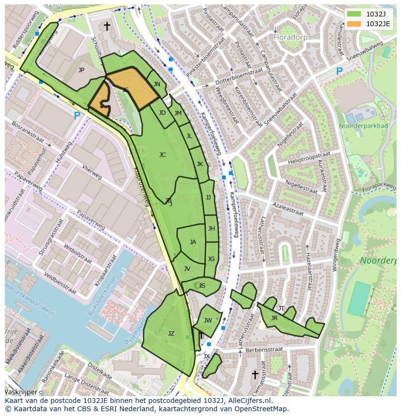 Afbeelding van het postcodegebied 1032 JE op de kaart.