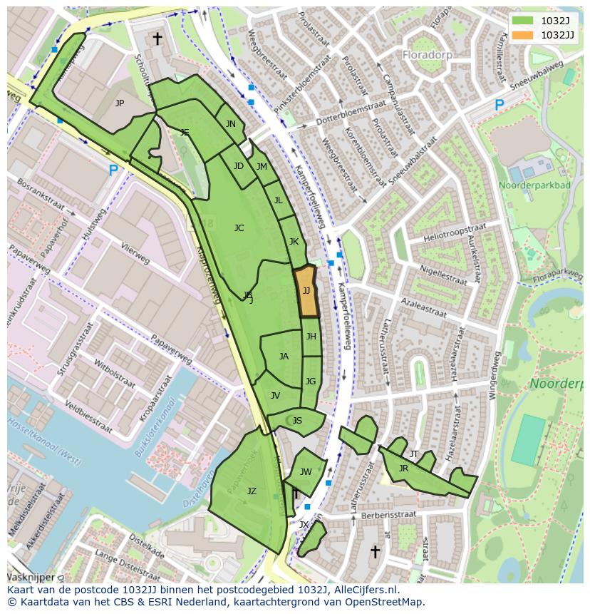Afbeelding van het postcodegebied 1032 JJ op de kaart.