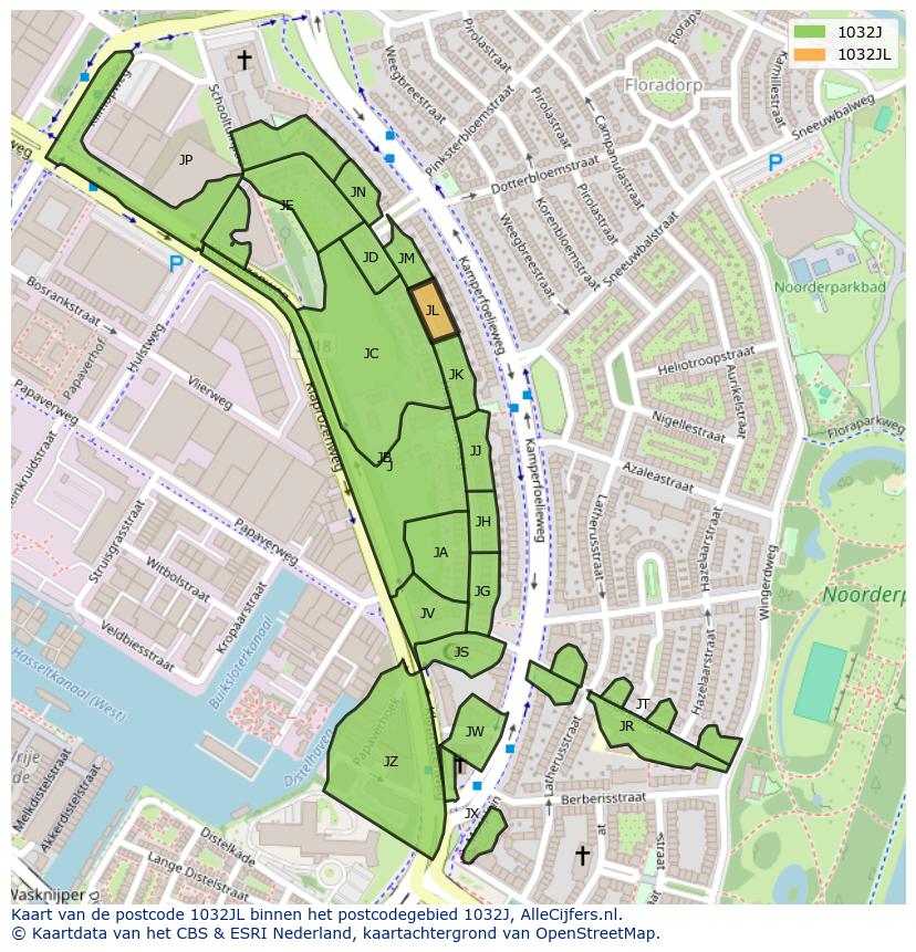 Afbeelding van het postcodegebied 1032 JL op de kaart.