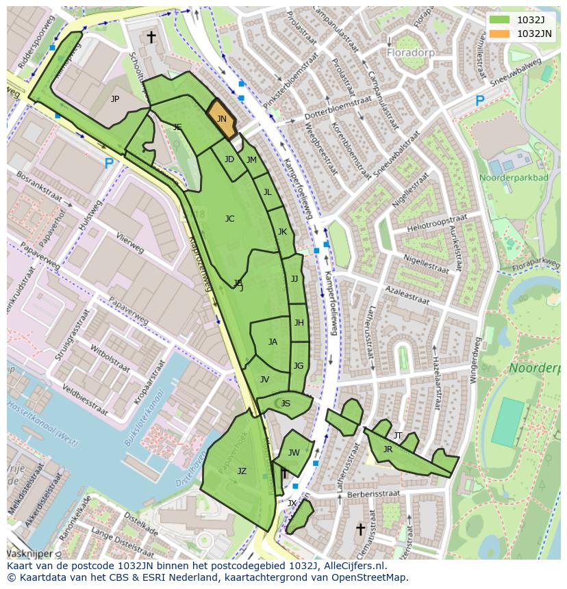 Afbeelding van het postcodegebied 1032 JN op de kaart.