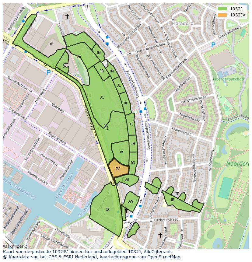 Afbeelding van het postcodegebied 1032 JV op de kaart.