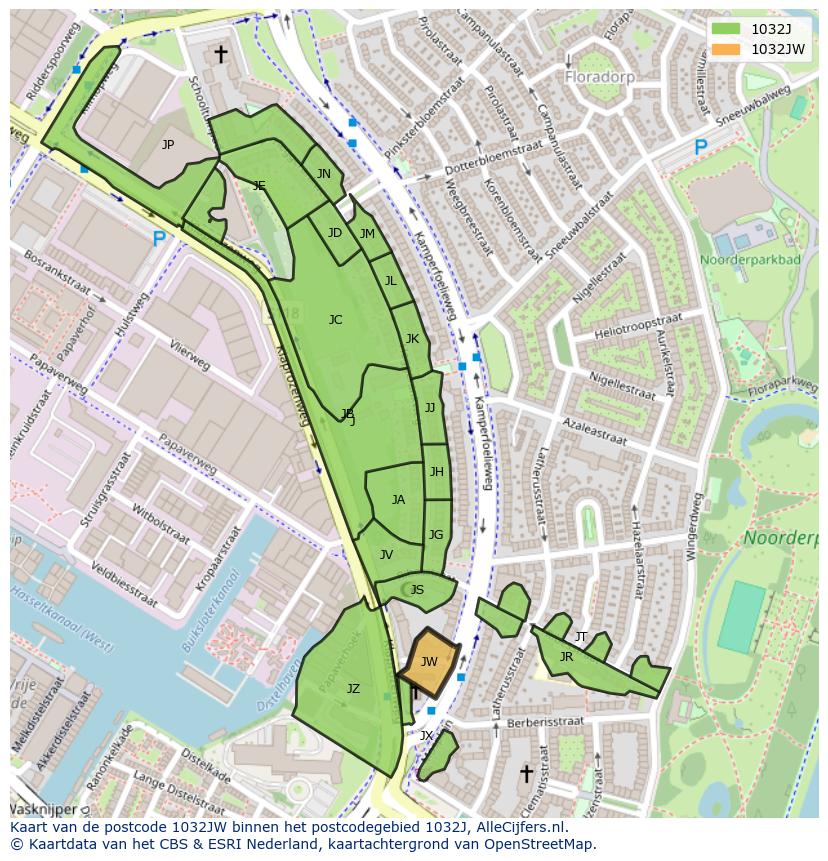 Afbeelding van het postcodegebied 1032 JW op de kaart.