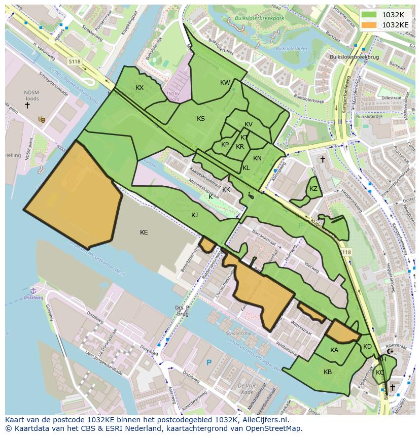 Afbeelding van het postcodegebied 1032 KE op de kaart.